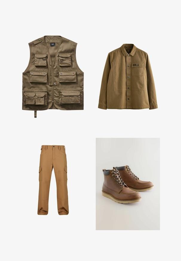 Khaki úžitková vesta vyrobená z odolného materiálu, s viacerými prednými vreckami s chlopňami, zipsovým uzáverom a nastaviteľným krčným popruhom.; Hnedá plátenná bunda s golierom, predným zapínaním na gombíky, dvoma vreckami na hrudi a textúrovanou tkaninou. Dizajn inšpirovaný armádou.; Hnedé cargo nohavice vyrobené z odolného materiálu, s viacerými vreckami, vo voľnom strihu a so zosilnením stehovej linky.; Hnedé kožené členkové topánky so sivým polstrovaným golierom, viazanie na šnúrky, biela gumová podrážka a ozdobné stehy pozdĺž nártovej časti.