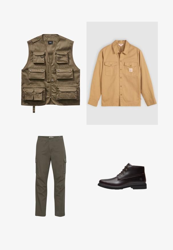 Khaki úžitková vesta vyrobená z odolného materiálu, s viacerými prednými vreckami s chlopňami, zipsovým uzáverom a nastaviteľným krčným popruhom.; Hnedá košeľa s dlhým rukávom, dvoma prednými vreckami a malou etiketou. Vyrobená z bavlny s hladkou textúrou a klasickým dizajnom goliera.; Olivové cargo nohavice s dvoma bočnými vreckami, rovnými nohavicami a gombíkovým zapínaním. Vyrobené z ľahkého materiálu s hladkou textúrou.; Tmavohnedá kožená členková obuv so šnurovaním, čiernou podrážkou a jemným logom značky na boku, zobrazená v profile na bielom pozadí.