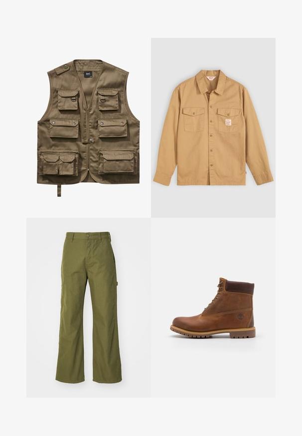 Chaleco utilitario color caqui hecho de un tejido duradero, con múltiples bolsillos frontales con solapas, cierre con cremallera y correa de cuello ajustable.; Camisa abotonada color beige con mangas largas, dos bolsillos en el pecho y una pequeña etiqueta. Fabricada en algodón con una textura suave y un diseño de cuello clásico.; Pantalones de pernera ancha en verde oliva, confeccionados con una tela resistente, que presentan un cierre de botón, bolsillos laterales y un diseño de dobladillo recto.; Botas de senderismo de cuero marrón con un acabado suave, tobillo acolchado, ojales de metal y suela de goma con un patrón de tracción robusto.