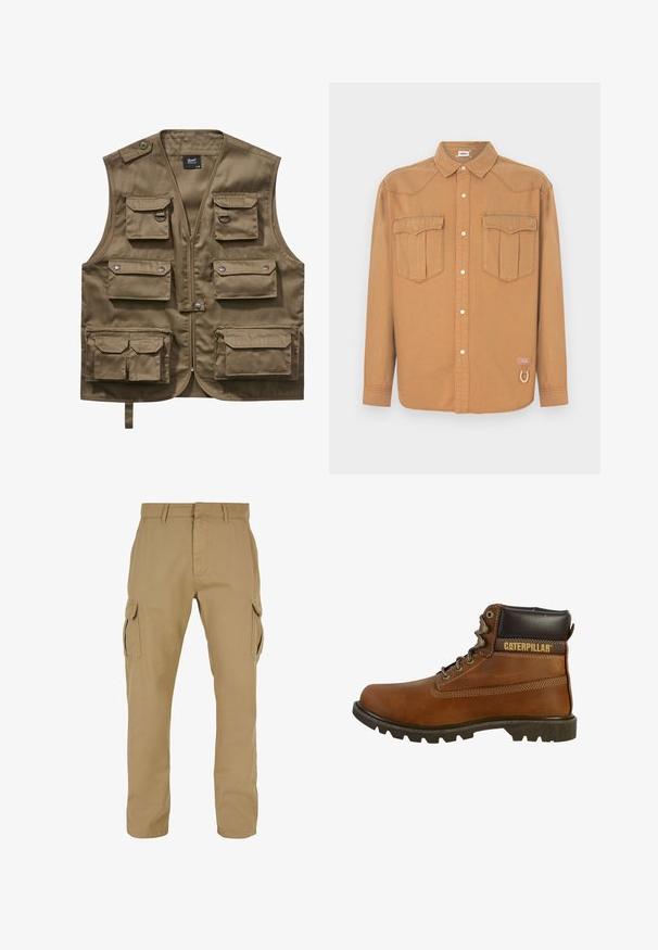 Gilet utilitaire khaki en tissu durable, présentant plusieurs poches avant avec rabats, une fermeture éclair et une sangle de cou ajustable.; Chemise en denim marron avec deux poches poitrine, col pointu, devant boutonné et coutures contrastées. Présente un patch logo et un détail boucle.; Pantalons cargo beiges avec deux poches latérales, conception à jambe droite, fabriqués en tissu durable, avec des détails de couture et des passants de ceinture.; Botte de travail en cuir marron avec une tige haute, semelle robuste, œillets métalliques et un col rembourré marron foncé. Présente la marque "Caterpillar".