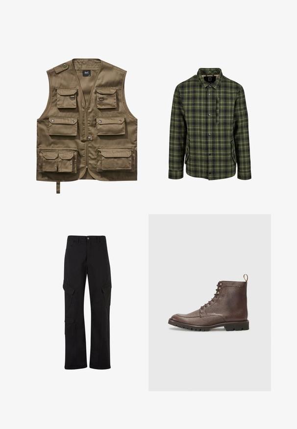 Khaki utility vest lavet af holdbart stof, med flere frontlommer med klapper, lynlåslukning og justerbar halsrem.; Grøn- og sortternet jakke med krave, knaplukning, to sidelommer og en brystlomme. Stoffet ser struktureret og varmt ud.; Sorte bomulds cargo bukser med lige ben-design, der har flere sidelommer og en knaplukning i taljen.; Hackett London SLOANE APRON - Snørestøvletter - dark mocca brown