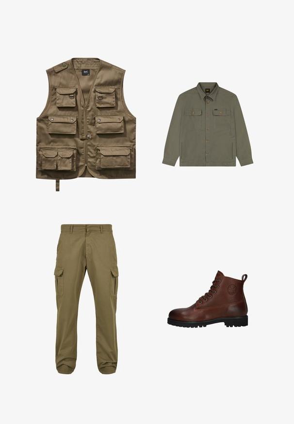 Khaki utility vest lavet af holdbart stof, med flere frontlommer med klapper, lynlåslukning og justerbar halsrem.; Olivengrøn skjortejakke med knapper, to brystlommer med klap, to sidelommer, lange ærmer og krave.; Grønne cargo bukser med lige pasform, lavet af bomuld, med sidelommer og knaplukning for funktionalitet. Glat tekstur, afslappet design.; Brune læder ankelstøvle med en struktureret overflade, seks snørrehuller, en sort gummisål og en løkke for nem påtagning.