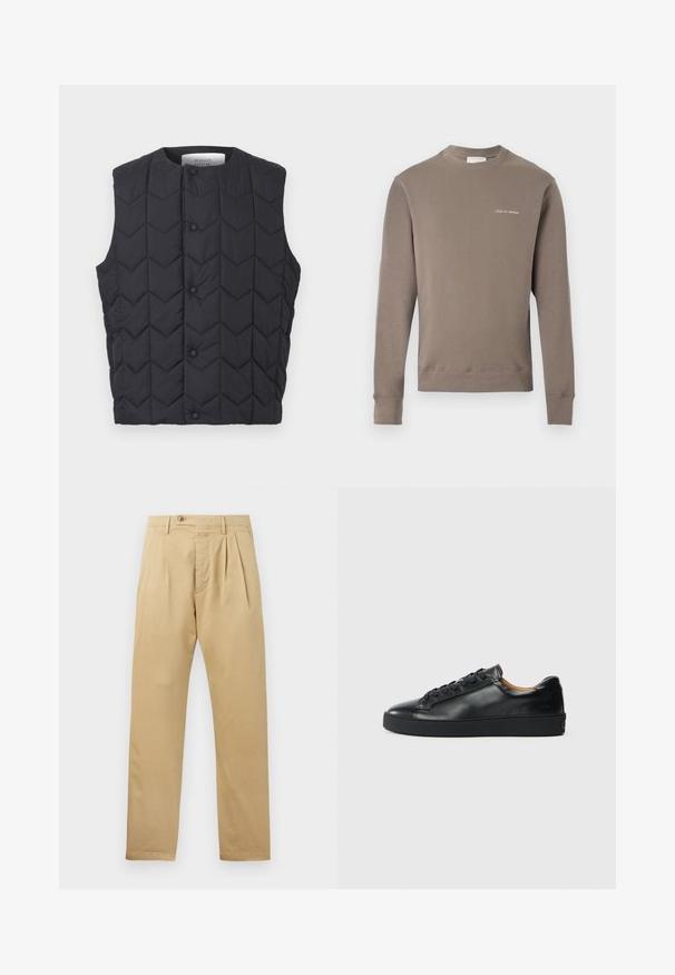 Veste sans manches matelassée noire avec fermeture à boutons-pression et motif de piqûres en chevron, étiquette Maison Kitsuné à l'intérieur du col.; Sweatshirt taupe à manches longues avec des poignets et un ourlet côtelés, présentant un petit logo blanc "Tiger of Sweden" sur la poitrine gauche.; CLOSED BERGEN TAPERED - Chino - beige; Baskets en cuir noir avec une texture lisse, bout rond et fermeture à lacets. Comprend une semelle en caoutchouc épaisse et un minimum de détails de marque.