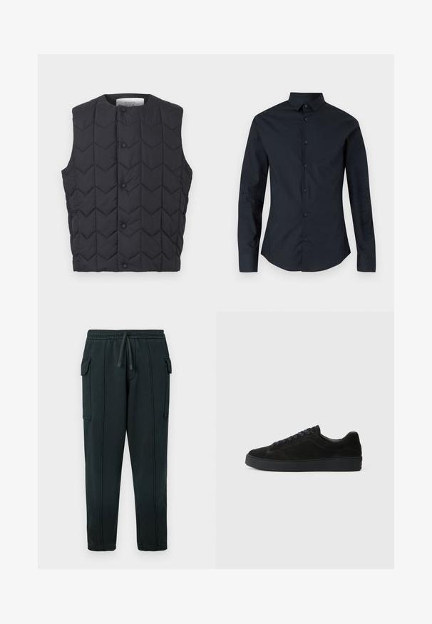 Veste sans manches matelassée noire avec fermeture à boutons-pression et motif de piqûres en chevron, étiquette Maison Kitsuné à l'intérieur du col.; Chemise noire à manches longues avec un col pointu, fermeture à boutons sur le devant et coupe slim. Confectionnée en tissu lisse, elle présente un discret broderie de logo.; Pantalon de survêtement noir avec taille à cordon, poches latérales, détail poche cargo et coutures visibles. Tissu doux avec une coupe décontractée.; Basket en suède noire avec une semelle plate et texturée, un bout rond, six œillets pour les lacets et un design minimaliste.