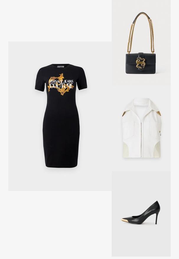 Veste sans manches blanche avec un col pointu, des accessoires en ton or, deux poches avant et un panneau beige contrastant sur les côtés.; Robe noire cintrée à manches courtes arborant le logo "VERSACE JEANS COUTURE" en or et blanc, ainsi que des motifs dorés complexes sur le devant.; Pompe à talon haut en cuir noir avec bout pointu ; présente une accentuation métallique dorée sur le capuchon. Surface lisse avec un design épuré.; Sac à épaule en cuir noir avec fermoir double serpent doré et bandoulière chaîne dorée torsadée.