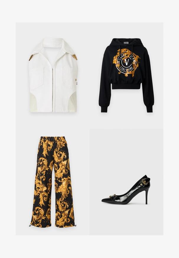 Veste sans manches blanche avec un col pointu, des accessoires en ton or, deux poches avant et un panneau beige contrastant sur les côtés.; Haut à capuche court noir en tissu doux, orné d'un graphique doré et orange avec un texte circulaire et un logo central en "V".; Pantalon noir à jambes larges avec taille élastique, présentant un motif baroque tourbillonnant jaune doré audacieux et des cordons ajustables aux ourlets.; Chaussure à talon haut en cuir verni noir avec un bout pointu, un détail nœud à l'avant et un accent décoratif en métal doré à l'arrière.