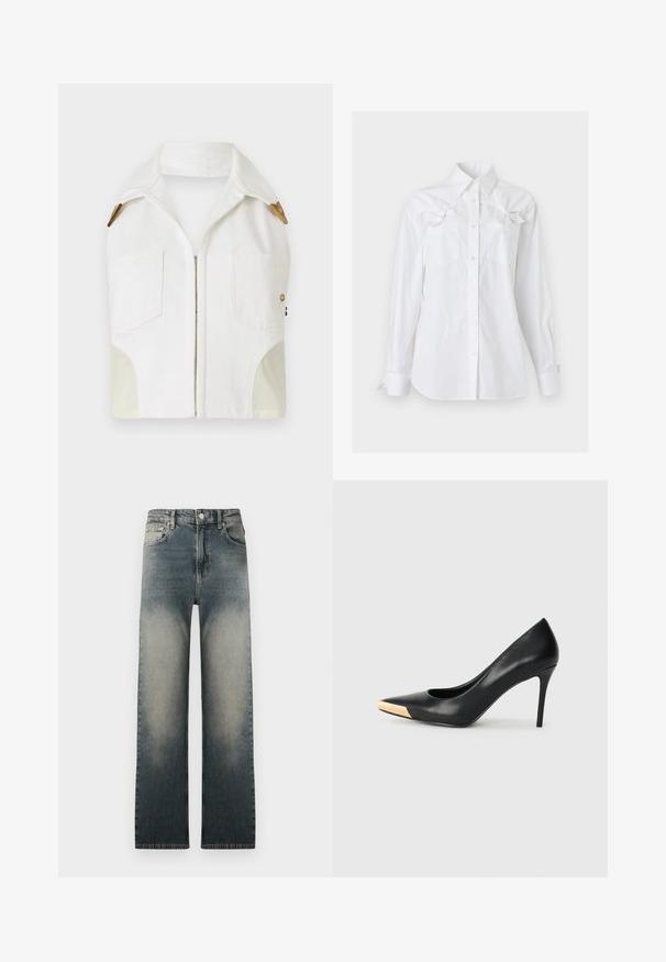 Veste sans manches blanche avec un col pointu, des accessoires en ton or, deux poches avant et un panneau beige contrastant sur les côtés.; Chemise blanche à manches longues, boutonnée, avec un col et deux poches poitrine, chacune ornée d'un noeud décoratif près du haut.; Jean taille haute à jambe droite avec un délavage en denim clair et foncé et un design classique à cinq poches.; Pompe à talon haut en cuir noir avec bout pointu ; présente une accentuation métallique dorée sur le capuchon. Surface lisse avec un design épuré.