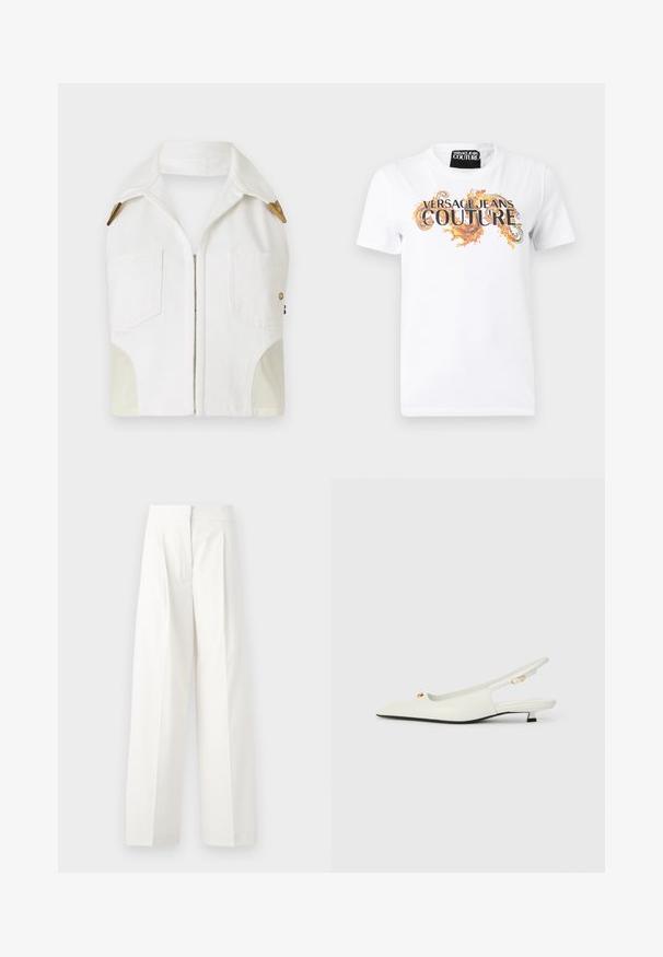 Hvid ærmeløs jakke med spidse kraver, guldfarvet hardware, to forlommer og et kontrasterende beige panel i siderne.; Hvid T-shirt med korte ærmer med teksten "Versace Jeans Couture" og orange dekorative kruseduller på forsiden, rund halsudskæring.; Hvide vide bukser med høj talje, der har frontfolder og en glat tekstur, lavet af letvægtsstof.; Hvide læder slingback-sko med spidse tå, guld hardware-detaljer og en lav blokhæle. Glat tekstur med udsnit detaljer.