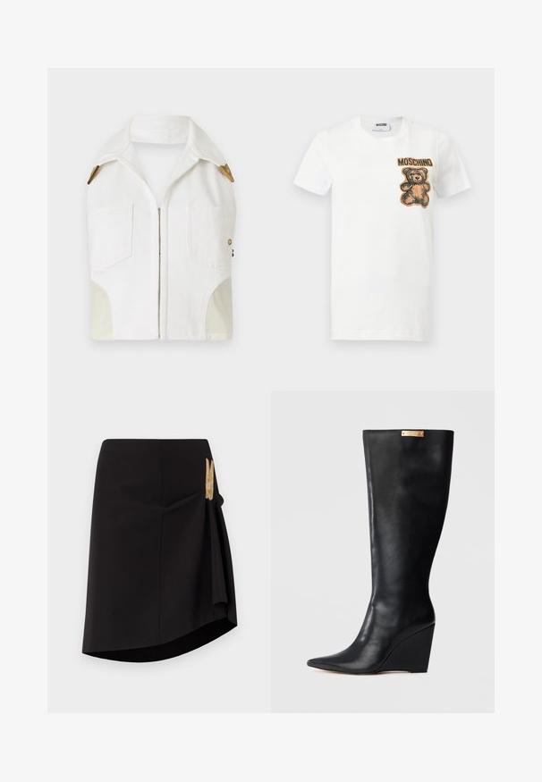Hvid ærmeløs jakke med spidse kraver, guldfarvet hardware, to forlommer og et kontrasterende beige panel i siderne.; Hvid t-shirt med korte ærmer med en bamse-grafik og teksten "MOSCHINO" i brun på øverste venstre brystside.; Sort slynge nederdel med en diagonal søm, glat tekstur og et gyldent dekorativt spænde på siden. Enkelt og tætsiddende design.; Sort læder knælange støvler med spids tå, kilehæl og en guldaccentplade øverst. Glat tekstur og stilrent design.