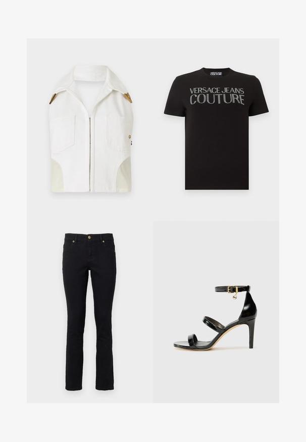 Veste sans manches blanche avec un col pointu, des accessoires en ton or, deux poches avant et un panneau beige contrastant sur les côtés.; T-shirt noir à manches courtes avec "VERSACE JEANS COUTURE" en strass argentés sur la poitrine et une étiquette de col de marque.; Jeans en denim noir avec une coupe droite, un design à cinq poches, fermeture à bouton et accents en métal doré. Texture douce avec un minimum de détails.; Sandale en cuir verni noir avec trois brides, boucle de cheville et talon aiguille de 10 cm. Présente un détail en métal doré et un charm logo.