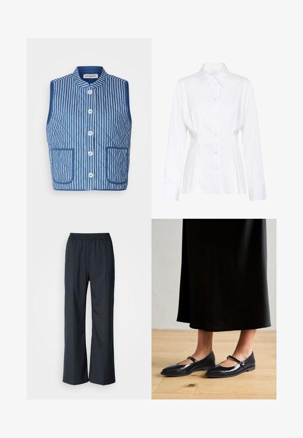 Chaleco acolchado en azul con rayas verticales blancas, cuello mao, botones frontales y dos bolsillos de parche. Textura de tejido suave.; Blusa blanca de manga larga con botones, cuello puntiagudo, cintura ajustada y etiqueta visible de la marca "Gestuz" en el interior del cuello.; Pantalones de pierna ancha a rayas negras con cintura elástica, que presentan una textura suave y un ajuste relajado. No se ven bolsillos.; Bailarinas de charol negro con tira de Mary Jane, punta afilada y un brillo sutil, combinadas con una falda negra fluida sobre un suelo de madera.