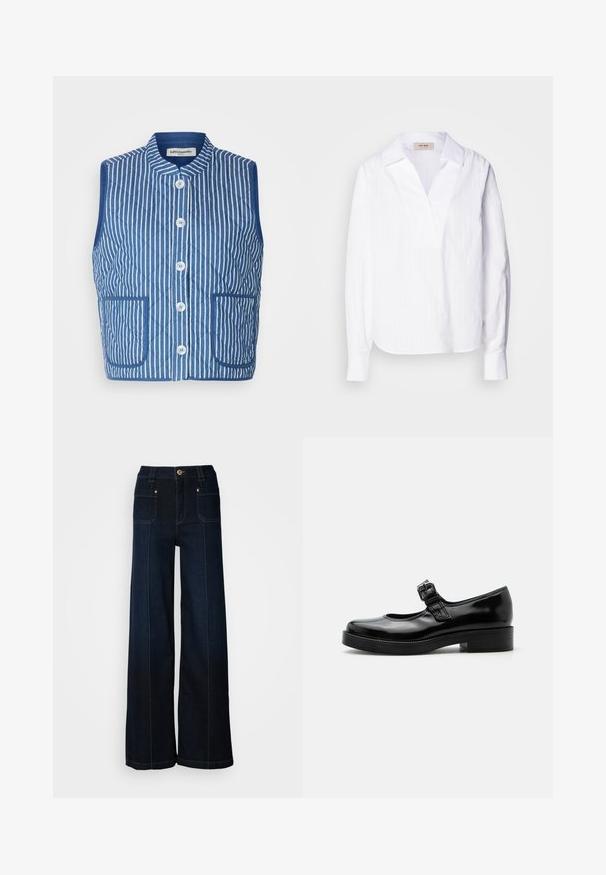Chaleco acolchado en azul con rayas verticales blancas, cuello mao, botones frontales y dos bolsillos de parche. Textura de tejido suave.; Camisa blanca de manga larga hecha de una tela ligera texturizada, con escote en V, cuello oversized y sutiles rayas verticales.; Jeans de mezclilla de pierna ancha en azul oscuro. Presentan bolsillos frontales, herrajes en tono dorado y costuras en contraste. Textura suave con un diseño casual.; Zapato Mary Jane de charol negro con punta redondeada, tacón bajo de bloque y una correa ajustable con hebilla sobre el empeine.