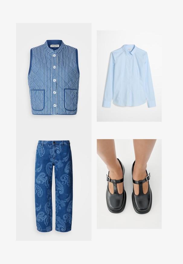 Chaleco acolchado en azul con rayas verticales blancas, cuello mao, botones frontales y dos bolsillos de parche. Textura de tejido suave.; Camisa de botones azul claro con mangas largas, cuello clásico y un logo sutil bordado en el pecho. Tejido liso y impecable.; Jeans de mezclilla azul con patrón de cachemira en un tono más claro. Presentan cierre frontal de botón y cremallera, diseño de pierna ancha y estilo estándar de cinco bolsillos.; Zapatos de cuero negro con diseño de correa en T, punta cerrada y detalles de hebilla plateada. Textura lisa con punta redondeada y suela plana.