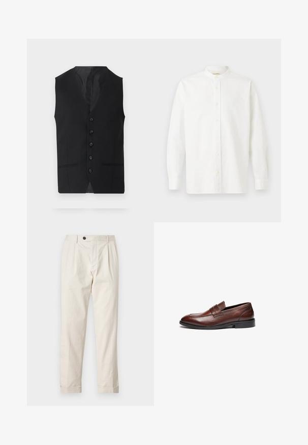 Sort vest med en glat tekstur, der har seks knapper, to sidelommer og en V-udskæring. Uden ærmer og med en ren silhuet.; CLOSED COLLARLESS SHIRT - Skjorter - white; Cremefarvede bukser med skræddersyet pasform, der har en enkelt knaplukning, plisseret front og opholdte ben. Fremstillet af letvægtsstof.; Brune læder loafers med en glat finish, rund tå, dekorativ rem og sort gummisål. Har minimal syning detaljer.