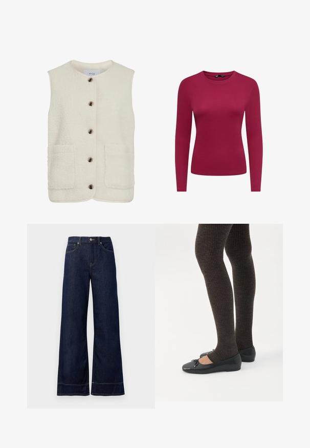 Fleece vest i creme med rund hals, frontknaplukning og to store påsyede lommer. Har en tekstureret overflade og kontrastpipning.; Langærmet tætsiddende t-shirt med rund hals i ensfarvet mørkerosa, vist fladt på en hvid baggrund.; Mørkeblå brede jeans lavet af denim. Har en knaplukning, stikninger og sidelommer. Udfoldet nederste kant.; Ben iført mørke ribbede leggings kombineret med sorte balletsko med små sløjfedetaljer på hvid baggrund.