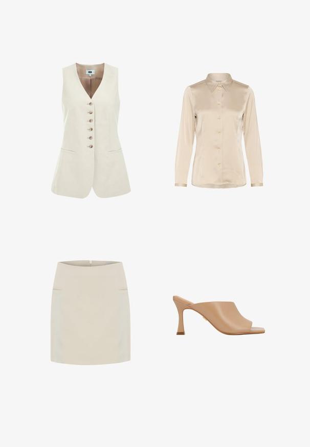 Chaleco sin mangas beige con escote en V, que cuenta con seis botones en el frente y dos bolsillos laterales, hecho de un tejido ligero.; Blusa de satén color crema de manga larga con botones, cuello puntiagudo y silueta ajustada.; Minifalda beige de tela suave, con bolsillos laterales y una cremallera oculta en la parte posterior. Los paneles laterales texturizados añaden detalle.; Mules de tacón beige con punta abierta y textura de cuero suave; cuentan con un tacón esculpido con un detalle dorado y un diseño minimalista.