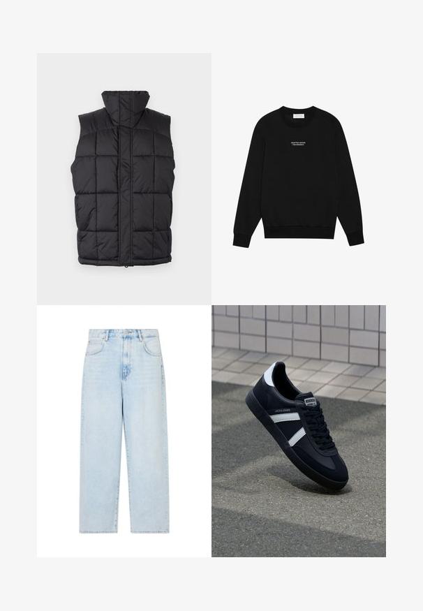 Must värvitu puffer vest kõrge kraega, ühepoolselt tikkimiseks, ees lukuga. Ilma varrukateta, horisontaalselt õmmeldud triipudega soojuse säilitamiseks.; Pier One Pusa - black; Heledad sinine teksapüksid laia kuma ja kõrge vöökohaga, viie tasku ja nööbiga kinnitusega. Sile tekstuur ja tuhmumise lõpetus.; Must have musta sneaker musta valgete triipudega, tekstuurne kummitald ja nööridega esiosa. Omab bränditud märki keele peal.