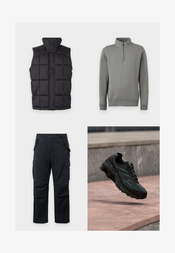 Schwarze Steppweste mit hohem Kragen, gestepptem Textur und Reißverschluss vorne. Ohne Ärmel und mit horizontalen Nähte für Isolation.; Grauer Pullover mit halbem Reißverschluss, gerippten Bündchen und geradem Saum. Hergestellt aus einem weichen Stoff mit glatter Textur.; Schwarze Cargo-Hosen aus strapazierfähigem Material, mit mehreren seitlichen Taschen, geradem Bein und einem Knopfverschluss an der Taille.; Schwarzer athletischer Sneaker mit sichtbarer Air-Cushioning-Zwischensohle, der über einer rosa Steinoberfläche mit grauer Steinmauer im Hintergrund schwebt.