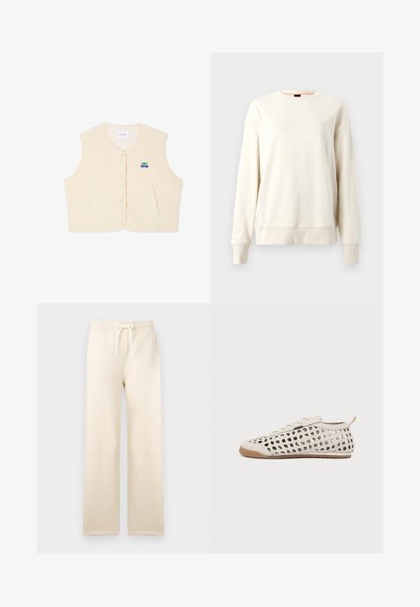Kreem värvi fliisvest ümara kaelusega, ees nuppudega ja kahe külje taskuga. Ees on väike värviline logo rinna piirkonnas.; Kreemivärvi sweatshirt, millel on ümar kaelus, soonikkoes mansetid ja ääred, valmistatud pehmest materjalist ning millel on rindkeres diskreetne logo.; Kreemikaalused dressipüksid pehmetest materjalidest, elastse vöökoha ja reguleeritava nööriga, laiad jalad ja ilma nähtavate mustriteta.; Valge kootud nahast toss kummist tallaga, ees paeltega ja kandjal aasaga, nähtav siseküljelt valgel taustal.