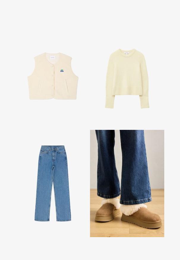 Fleece vest in crème kleur met een ronde halslijn, voor knopen en twee zijzakken. Voorzien van een klein kleurrijk logo op de borst.; Crème-kleurige cropped trui van een zacht materiaal, met een ronde halslijn en ribgebreide manchetten en zoom, met een gladde textuur overal.; Lichtblauwe wijde jeans van denimstof, met een hoge taille, vijf zakken en hardware in koperkleur met subtiele whisker-details.; Bruine suède pantoffels met een dikke lichtkleurige bontkraag, geplaatst op een beige platformzool, in combinatie met wijde denim jeans.