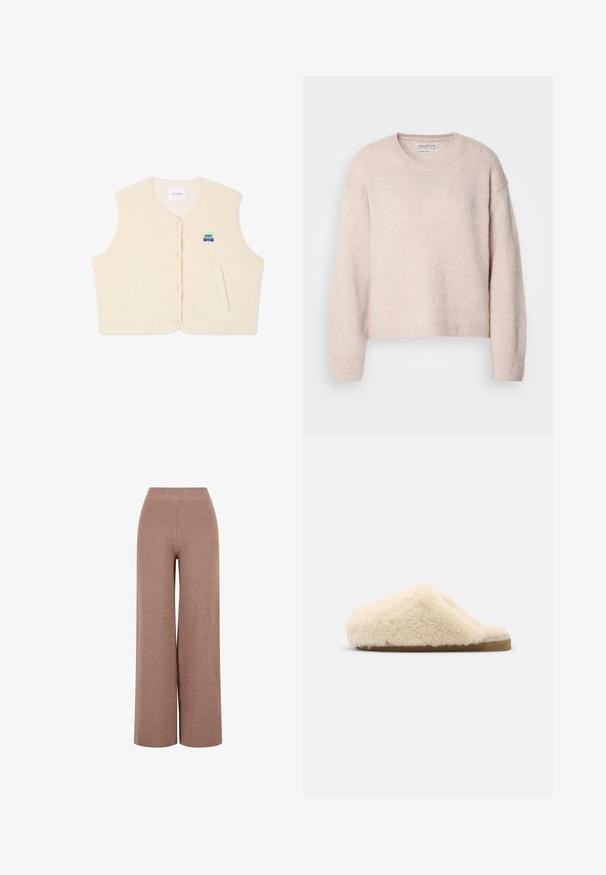 Chaleco de forro polar en color crema con cuello redondo, botones en la parte frontal y dos bolsillos laterales. Presenta un pequeño logo colorido en el pecho.; Suéter de color rosa claro, hecho de una tela suave y texturizada. Presenta un cuello redondo, hombros caídos y puños y dobladillo acanalados. Diseño corto.; Pantalones de punto marrones de pierna ancha con una tela texturizada, que cuentan con una cinturilla elástica y un ajuste holgado para mayor comodidad.; Shepherd Pantuflas - creme