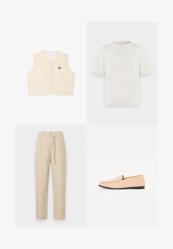 Fleecevest i cremet farve med rund halsudskæring, forreste knapper og to sidelommer. Har et lille farverigt logo på brystet.; Simpel, off-white t-shirt med korte ærmer og rund hals, afslappet pasform, vist mod en lys baggrund.; Beige stribede bukser med en afslappet pasform, der har en indsnævret talje, knaplukning og bælte med slipseanordning, lavet af letvægtsstof.; Beige læder loafers med syet detaljer, en flad sort sål og en rund tå. Minimalistisk design uden fremtrædende hardware eller accenter.