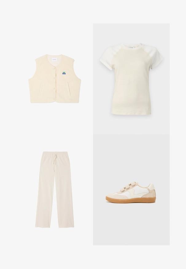 Gilet en polaire de couleur crème avec un col rond, des boutons à l'avant et deux poches latérales. Il comporte un petit logo coloré sur la poitrine.; T-shirt crème à manches courtes avec manches raglan écru et col rond sur un fond uni.; Pantalon ample à jambes larges de couleur beige clair, avec une taille élastique et un cordon de serrage ajustable, fabriqué dans un tissu à texture douce.; Baskets en cuir blanc et beige avec des accents en daim, dotées d'un bout rond, de trois bandoulières Velcro et d'une semelle en caoutchouc couleur gomme.