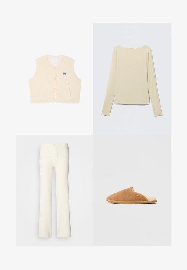 Gilet en polaire de couleur crème avec un col rond, des boutons à l'avant et deux poches latérales. Il comporte un petit logo coloré sur la poitrine.; Haut beige à manches longues et cintré avec un col bateau, présenté à plat sur un fond clair.; Pantalons évasés de couleur crème en tissu doux ; dotés d'une fermeture à bouton et d'une texture lisse ; design ajusté à la taille.; Pantoufle en daim marron avec une doublure en polaire crème douce et une semelle en caoutchouc beige. Elle présente un bout rond et un design avec des découpes sur le côté.