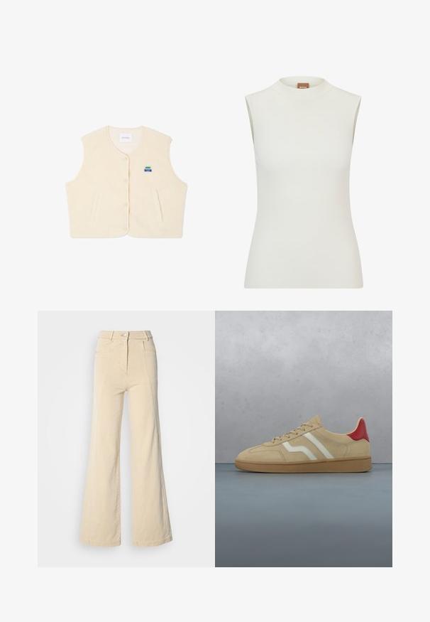 Fleece vest in crème kleur met een ronde halslijn, voor knopen en twee zijzakken. Voorzien van een klein kleurrijk logo op de borst.; Witte, mouwloze top met een hoge halslijn, met een geribbeld textuur en een getailleerd ontwerp. Merkenlabel "BOSS" zichtbaar op de kraag.; Beige wijde jeans met hoge taille, voorzakken en contrasterende stiksels, met een knoopsluiting en een zachte katoenen textuur.; Beige suède sneaker met een rood accent op de hiel, witte strepen en een getextureerde, lichtbruine rubberen zool. Heeft veters en een glad interieur.