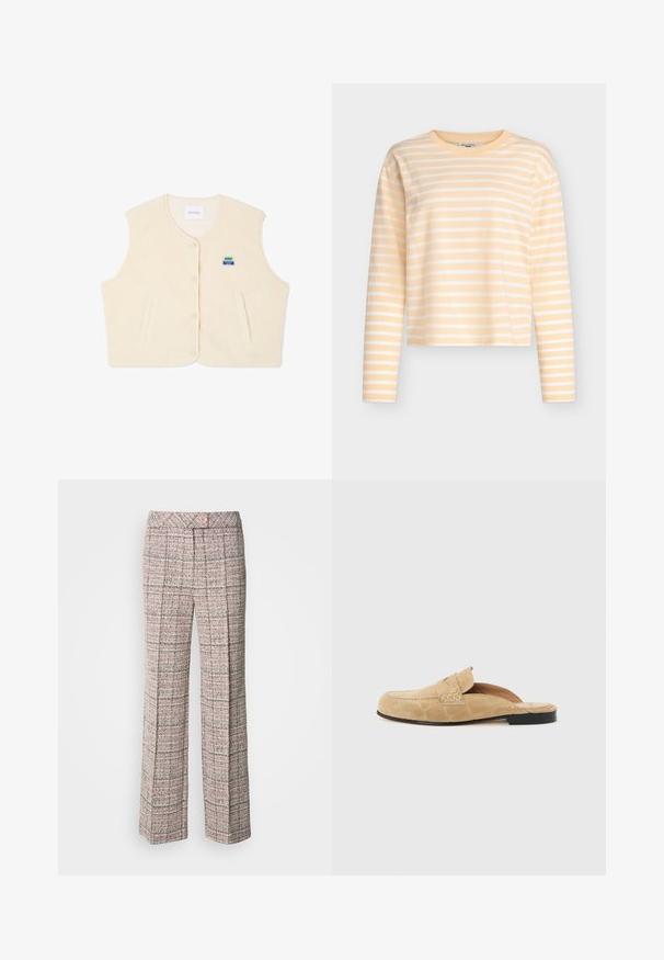 Chaleco de forro polar en color crema con cuello redondo, botones en la parte frontal y dos bolsillos laterales. Presenta un pequeño logo colorido en el pecho.; Camisa de manga larga en amarillo claro con rayas blancas. Tela de algodón suave, cuello redondo y ajuste relajado.; Pantalones de tela texturizada con un patrón de cuadros en rosa, blanco y negro. Presentan una cintura alta y un cierre con un solo botón.; Mocasín beige sin talón de cuero ante con suela negra y detalles con costuras sobre un fondo liso claro.