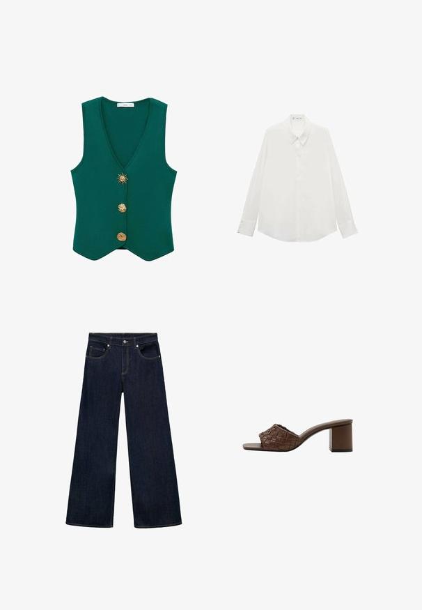 Gilet sans manches vert avec un décolleté en V profond, trois boutons décoratifs, dont un motif de soleil, et un tissu texturé.; Blouse blanche à manches longues en tissu lisse, dotée d'un col pointu et de poignets boutonnés, avec un ourlet droit et sans motifs.; Jean large en denim bleu foncé à taille haute, avec cinq poches, fermeture à bouton en métal et accents de couture visibles.; Sandale mule marron avec tige en cuir tressé, bout ouvert et talon bloc sur fond blanc.