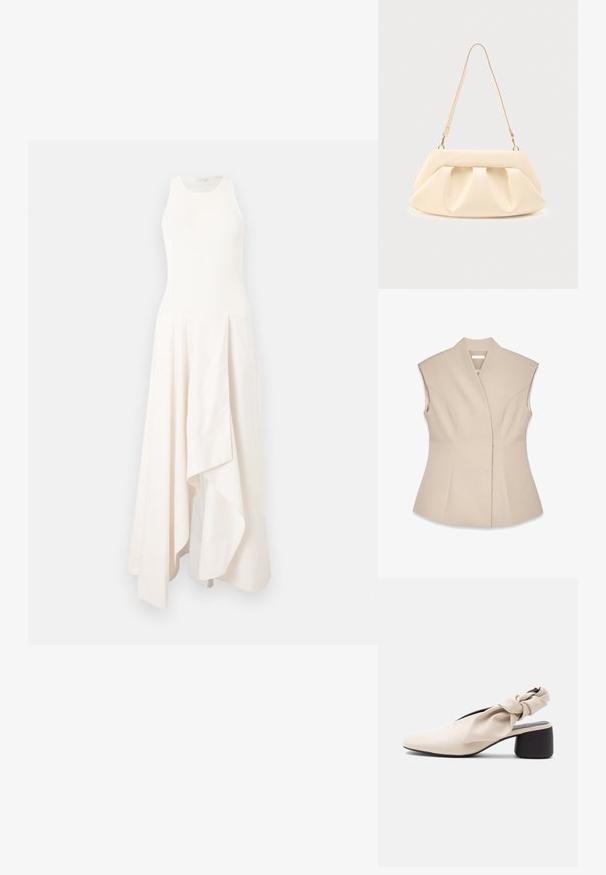 Top sin mangas beige con un diseño estructurado, que presenta un escote en V profundo, costuras entalladas y una silueta ajustada. Textura suave y pulida.; Vestido largo blanco sin mangas con cuello alto y falda asimétrica de capas, exhibido sobre un fondo blanco.; Zapato beige para mujer con tacón bajo, punta afilada y detalle de tira retorcida sobre el empeine y el talón.; Bolso de mano de cuero color crema con pliegues fruncidos, herrajes dorados y una única correa delgada para el hombro sobre un fondo liso.