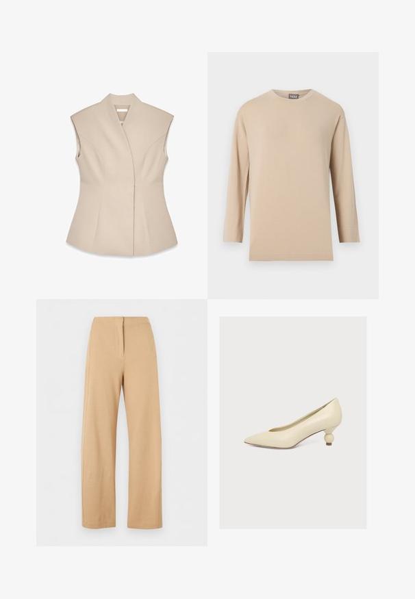 Top sin mangas beige con un diseño estructurado, que presenta un escote en V profundo, costuras entalladas y una silueta ajustada. Textura suave y pulida.; Camiseta beige de manga larga con cuello redondo y dobladillo recto, mostrada sobre un fondo blanco liso.; Pantalones de tiro alto y pierna ancha en beige con detalle simple de costura frontal y cierre oculto, mostrados sobre un fondo blanco.; Zapato de tacón color crema con puntera puntiaguda y tacón bajo y único con forma de bulbo sobre un fondo blanco liso.