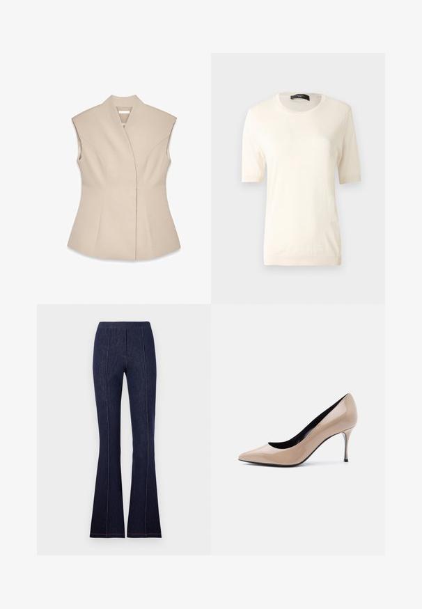 Beige mouwloze top met een gestructureerd ontwerp, voorzien van een diepe V-hals, op maat gemaakte naden en een getailleerde Silhouet. Glad, gepolijst textuur.; Gebreide top met korte mouwen in crème kleur, met een ronde halslijn, geribbelde boorden aan de mouwen en zoom, weergegeven tegen een effen grijze achtergrond.; Diane von Furstenberg ELISE PANTS - Flared Jeans - navy; Beige lakleren pumps met een spits toelopende neus en een slanke naaldhak, met een zwarte voering, op een witte achtergrond.