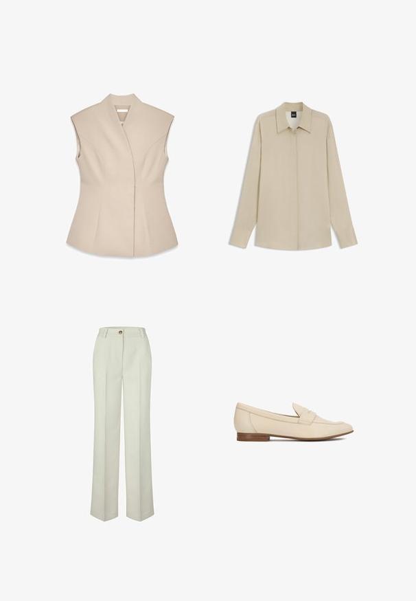 Beige ærmeløs top med en struktureret design, der har en dyb V-udskæring, skræddersyede sømme og en tætsiddende silhuet. Glat, poleret tekstur.; Langærmet beige skjorte med skjulte knapper, spidse kraver og manchetter, vist fladt mod en hvid baggrund.; Off-white, lige bukser med bæltestropper og enkelt knaplukning i taljen.; Beige læder loafers med lav hæl, der har en dekorativ rem over vristen, rundet tå og glat finish.