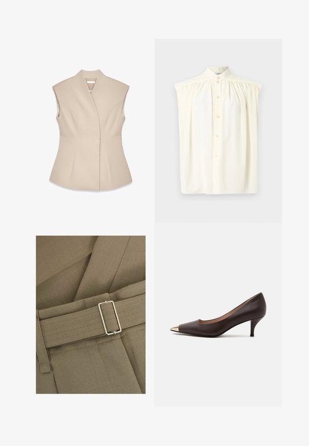 Beige ærmeløs top med en struktureret design, der har en dyb V-udskæring, skræddersyede sømme og en tætsiddende silhuet. Glat, poleret tekstur.; Cremefarvet ærmeløs bluse med høj hals, knaplukning og samlede detaljer på skuldrene. Glat stoftekstur.; Lysebrune bukser i tekstureret stof med et smalt bælte og en sølvfaret rektangulær spænde, fremhævet af rene syninger.; Mørkebrune læder kitten heel-pumps med spids gylden metal tåhætter på en ensfarvet lys baggrund.