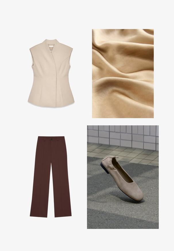 Beige mouwloze top met een gestructureerd ontwerp, voorzien van een diepe V-hals, op maat gemaakte naden en een getailleerde Silhouet. Glad, gepolijst textuur.; Satin stof in een warme, lichte beige kleur, met een gladde, glanzende textuur en subtiele plooien en krommingen verspreid over het oppervlak.; Wijde broekspijp in een rijke bruine stof. Voorzien van een knoopsluiting, twee voorzakken, een soepele textuur en strakke lijnen.; Beige platte schoen met een ronde neus en elastische achterkant, zwevend boven een betegelde en geplaveide ondergrond.