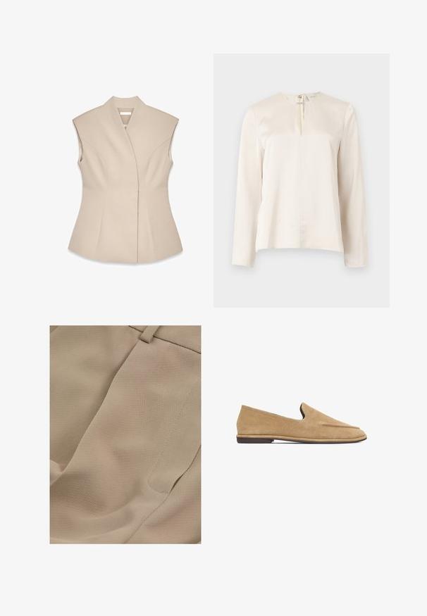 Beige ærmeløs top med en struktureret design, der har en dyb V-udskæring, skræddersyede sømme og en tætsiddende silhuet. Glat, poleret tekstur.; Cremefarvet bluse med lange ærmer, rund halsudskæring, frontplissering og skjult lynlås bagpå. Glat, silkeblød tekstur.; Reiss PETITE FIT - EDEN ELASTICATED WAIST WIDE - Bukser - mink neutral; Beige ruskind slip-on loafers med lav hæl og rundet tå, sidevisning på hvid baggrund.