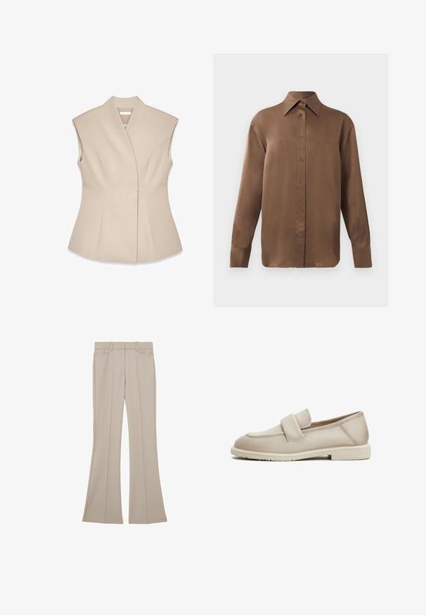 Beige ærmeløs top med en struktureret design, der har en dyb V-udskæring, skræddersyede sømme og en tætsiddende silhuet. Glat, poleret tekstur.; Brun langærmet skjorte med knapper, spids krave og manchetter, vist mod en simpel hvid baggrund.; Beige bukser med lige ben, forrest med læg, bæltestropper og sidelommer, lagt ud fladt på en hvid baggrund.; Beige læder loafers med en jævn tekstur, der har et forhøjet bånd over forgabreren og en lav, flad gummisål.
