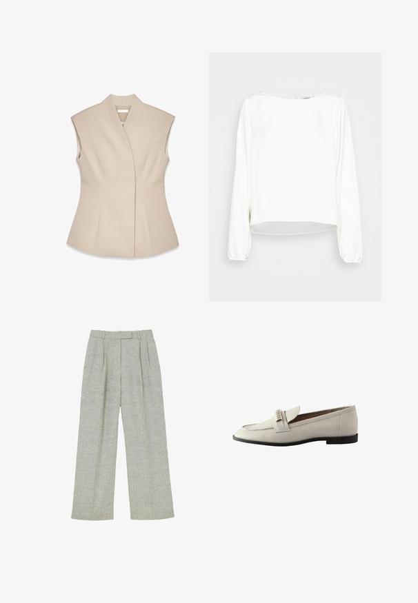 Beige ærmeløs top med en struktureret design, der har en dyb V-udskæring, skræddersyede sømme og en tætsiddende silhuet. Glat, poleret tekstur.; Another-Label MAJA SHINY - Bluse - off-white; Grå uldbukser med høj talje med et subtilt fiskebensmønster, læg foran og bæltestropper langs taljen.; Lys grå læder loafersko med afrundet tå, dekorativ frontrem og en lav sort gummihæl. Glat tekstur med minimale udsmykninger.