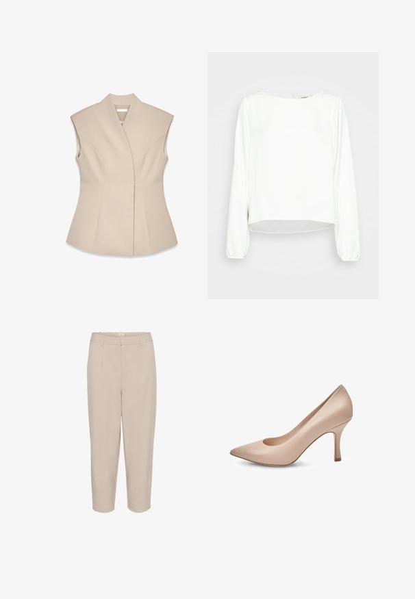 Beige ærmeløs top med en struktureret design, der har en dyb V-udskæring, skræddersyede sømme og en tætsiddende silhuet. Glat, poleret tekstur.; Another-Label MAJA SHINY - Bluse - off-white; Beige forkortede bukser med en glat tekstur, frontfald, to sidelommer og en taljehøjde. Lige ben design med skræddersyet finish.; Beige spids tå-højhælet sko med en glat finish og en slank stilet-hæl, vist i profil på hvid baggrund.