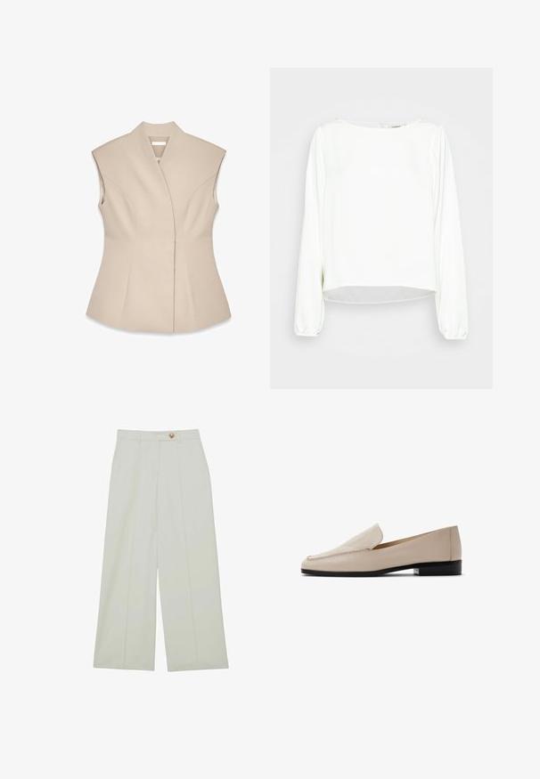 Beige mouwloze top met een gestructureerd ontwerp, voorzien van een diepe V-hals, op maat gemaakte naden en een getailleerde Silhouet. Glad, gepolijst textuur.; Another-Label MAJA SHINY - Blouse - off-white; Lichte crèmekleurige wijde broek met knoopsluiting, voorplooien en zijzakken, gemaakt van een gladde stof.; Beige leren loafers met een gladde textuur, ronde neus en minimale stiksels. Voorzien van een lage zwarte hak en een insteekontwerp.