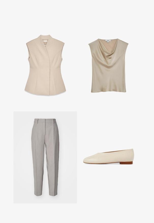 Beige mouwloze top met een gestructureerd ontwerp, voorzien van een diepe V-hals, op maat gemaakte naden en een getailleerde Silhouet. Glad, gepolijst textuur.; Beige satijnen mouwloze blouse met watervalhalslijn, gelabeld "REISS", getoond tegen een witte achtergrond.; Lichtgrijze op maat gemaakte broeken met een gladde textuur, geplooide voorkant en een recht silhouet. Voorzien van riemlussen en een gepolijste afwerking.; Beige leren platte schoen met een puntige neusdesign, minimalistische vorm en een korte houten hak voor stabiliteit en comfort.