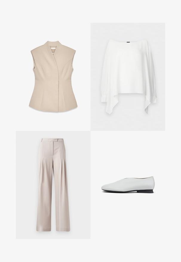 Beige ærmeløs top med en struktureret design, der har en dyb V-udskæring, skræddersyede sømme og en tætsiddende silhuet. Glat, poleret tekstur.; Hvid bluse med lange ærmer, bådudskæring, asymmetrisk kant og brede manchetter, lagt fladt på en hvid baggrund.; Beige vidde bukser med en glat tekstur, plisseret frontdesign og en skræddersyet talje. Velegnet til formelt eller afslappet brug.; Hvid lædersko med rundet tå og lav sort hæl, der har en glat tekstur og et enkelt, elegant silhuet.