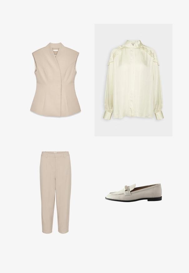 Beige mouwloze top met een gestructureerd ontwerp, voorzien van een diepe V-hals, op maat gemaakte naden en een getailleerde Silhouet. Glad, gepolijst textuur.; DAY Birger et Mikkelsen COURTNEY MODERN DRAPE - Overhemdblouse - cloud cream; Beige cropped broeken met een gladde textuur, voorplooien, twee zijzakken en een tailleband. Ontwerp met rechte pijpen en een op maat gemaakte afwerking.; Lichtgrijze leren instaploafer met een ronde neus, decoratieve voorkantstrap en een lage zwarte rubberen hak. Soepele textuur met minimale versieringen.