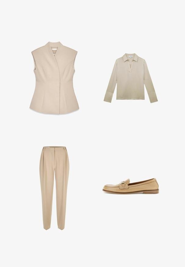 Beige mouwloze top met een gestructureerd ontwerp, voorzien van een diepe V-hals, op maat gemaakte naden en een getailleerde Silhouet. Glad, gepolijst textuur.; Beige blouse met lange mouwen, V-halskraag en knoopmanchetten, weergegeven op een witte achtergrond.; Beige op maat gemaakte broeken met riemlussen, rechte pijpen en een verborgen voorknopen, gepresenteerd op een witte achtergrond.; Beige leren loafer met een gouden metalen gespdetail, lage houten hak en afgeronde vierkante neus, zijaanzicht op een witte achtergrond.