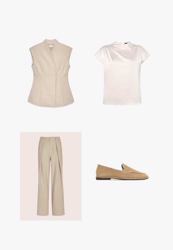 Beige mouwloze top met een gestructureerd ontwerp, voorzien van een diepe V-hals, op maat gemaakte naden en een getailleerde Silhouet. Glad, gepolijst textuur.; zero Blouse - eggnog; Beige op maat gemaakte broek met een wijde pijp, voorzien van dubbele plooien aan de voorkant, een gladde textuur en een gestructureerde tailleband.; Beige suède instapper met lage hak en afgeronde neus, zijaanzicht op een witte achtergrond.