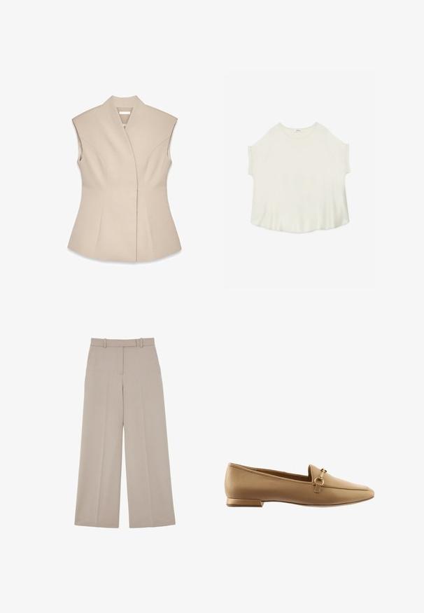 Beige ærmeløs top med en struktureret design, der har en dyb V-udskæring, skræddersyede sømme og en tætsiddende silhuet. Glat, poleret tekstur.; Løs kortærmet bluse i lys cremefarve med rund halsudskæring og opsmøgede ærmekanter, vist fladt på en hvid baggrund.; Beige vidde bukser med skjult frontlukning og sidelommer, designet til et formelt eller business casual look.; Beige læder loafers med flad hæl, der har en dekorativ metalring og stropdetalje, glat overflade og rund tådesign.