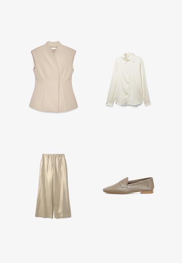 Top sin mangas beige con un diseño estructurado, que presenta un escote en V profundo, costuras entalladas y una silueta ajustada. Textura suave y pulida.; Blusa de manga larga color crema con cuello clásico, textura satinada y cierre frontal con botones. Dobladillo inferior ligeramente curvado.; Pantalones beige de pierna ancha con presillas y bolsillos delanteros, hechos de una tela texturada brillante, mostrados sobre un fondo blanco.; Mocasines de cuero beige con una superficie texturizada, que presentan un tacón plano y una punta redondeada. Incluyen un pliegue decorativo en el empeine.