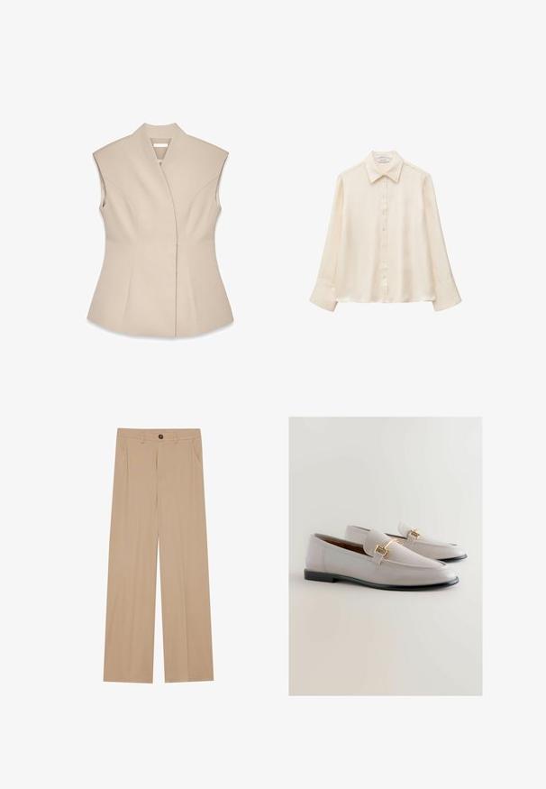 Beige ærmeløs top med en struktureret design, der har en dyb V-udskæring, skræddersyede sømme og en tætsiddende silhuet. Glat, poleret tekstur.; Langærmet cremefarvet silkebluse med spids krave og knaplukning foran, vist på en ensfarvet hvid baggrund. Ingen synlige mønstre eller design.; Beige brede bukser med en glat tekstur, der har to sidelommer, en frontlukning med knap og diskrete plisseringer for at tilføje detaljer.; Lys grå læder loafers med spids tå, der har en guldtonet metalaccent og en lav sort hæl. Glat tekstur, minimalistisk design.